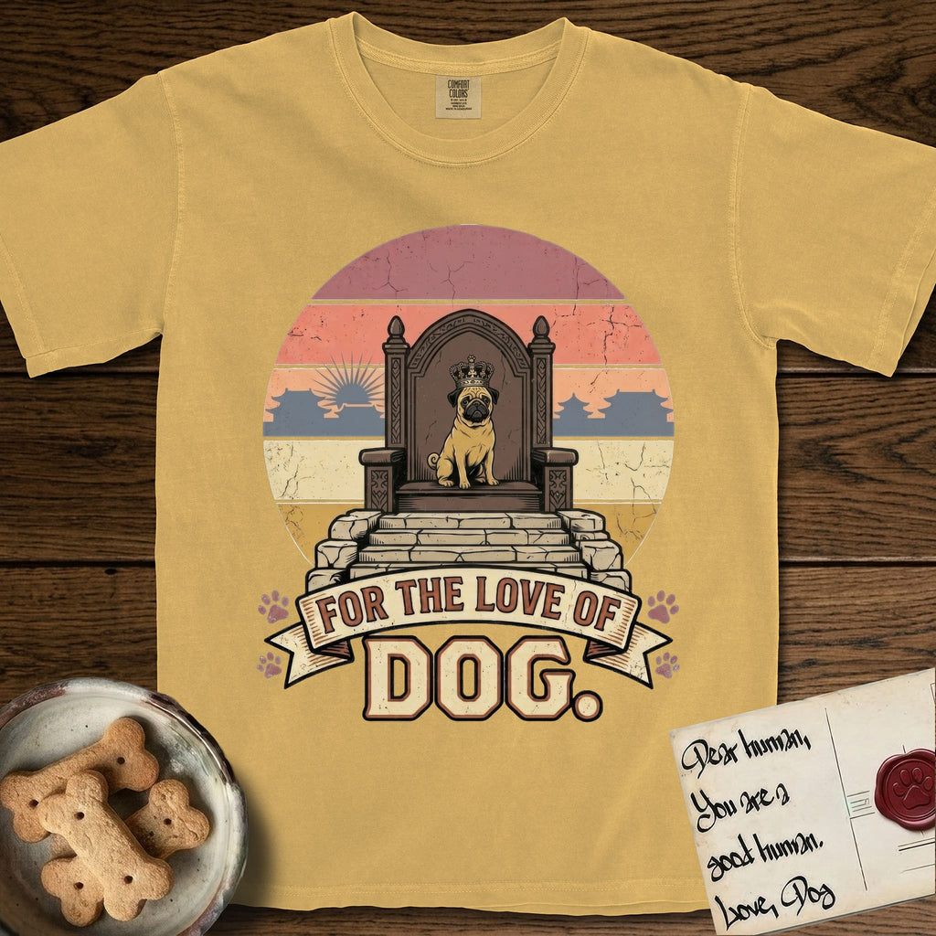 For the Love of Dog Pug T-Shirt flat lay in Mustard, featuring a vintage badge of a crowned Pug seated on a throne.