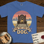 For the Love of Dog Pug T-Shirt flat lay in Mystic Blue, featuring a vintage badge of a crowned Pug seated on a throne.