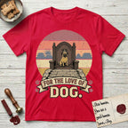 For the Love of Dog Pug T-Shirt flat lay in Red, featuring a vintage badge of a crowned Pug seated on a throne.