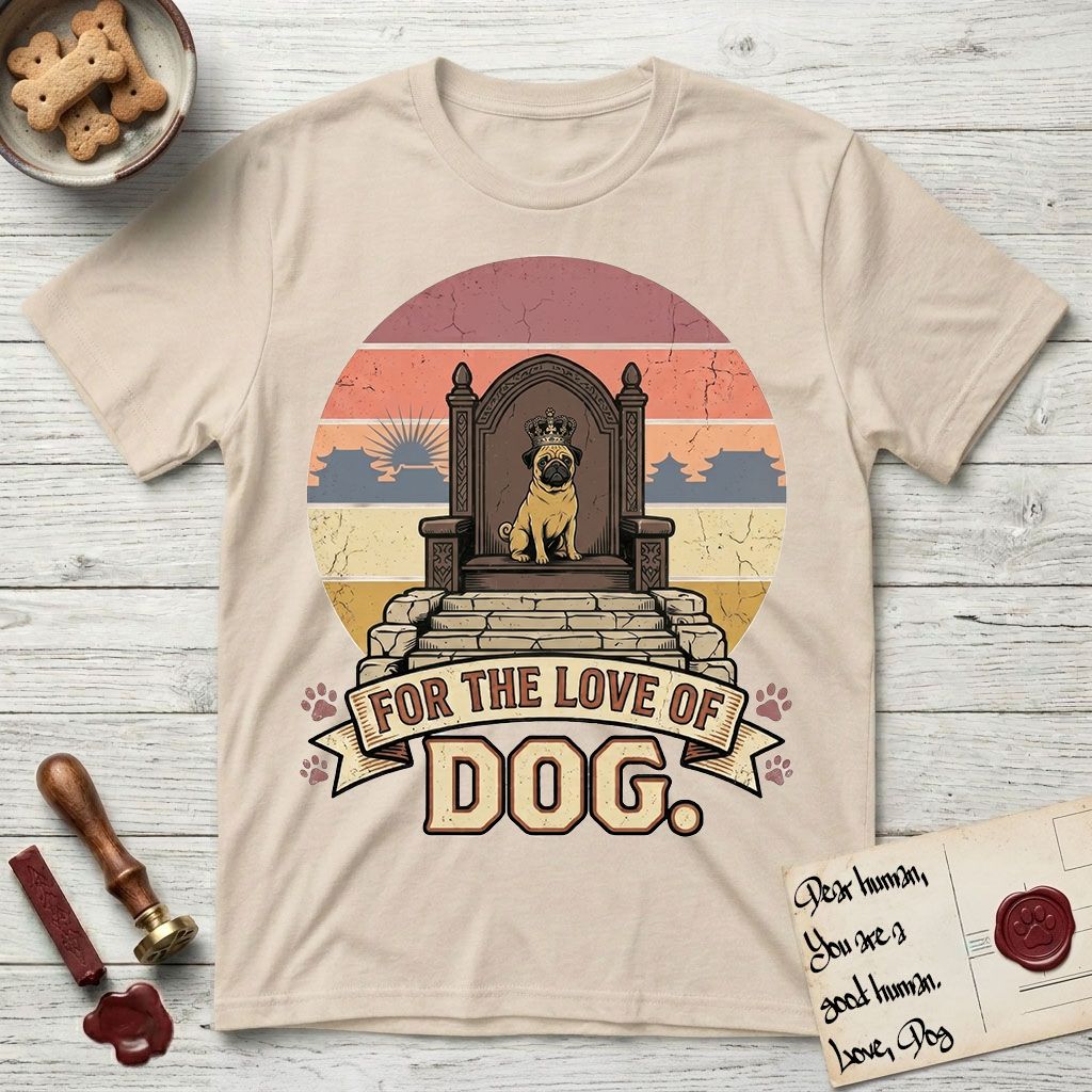 For the Love of Dog Pug T-Shirt flat lay in Sand, featuring a vintage badge of a crowned Pug seated on a throne.