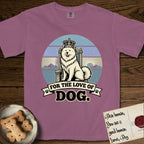 For the Love of Dog Samoyed T-Shirt flat lay in Berry, featuring a vintage badge of a crowned Samoyed seated on a throne.