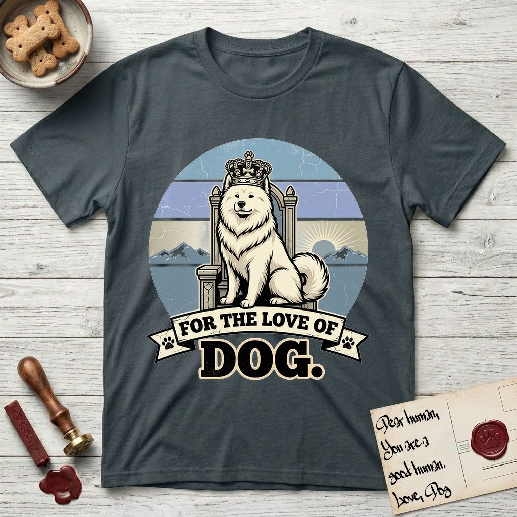 For the Love of Dog Samoyed T-Shirt flat lay in Dark Heather Grey, featuring a vintage badge of a crowned Samoyed seated on a throne.