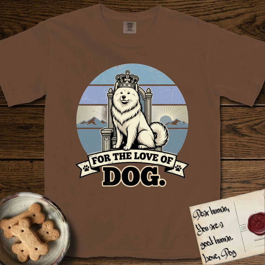 For the Love of Dog Samoyed T-Shirt flat lay in Espresso, featuring a vintage badge of a crowned Samoyed seated on a throne.