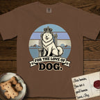 For the Love of Dog Samoyed T-Shirt flat lay in Espresso, featuring a vintage badge of a crowned Samoyed seated on a throne.