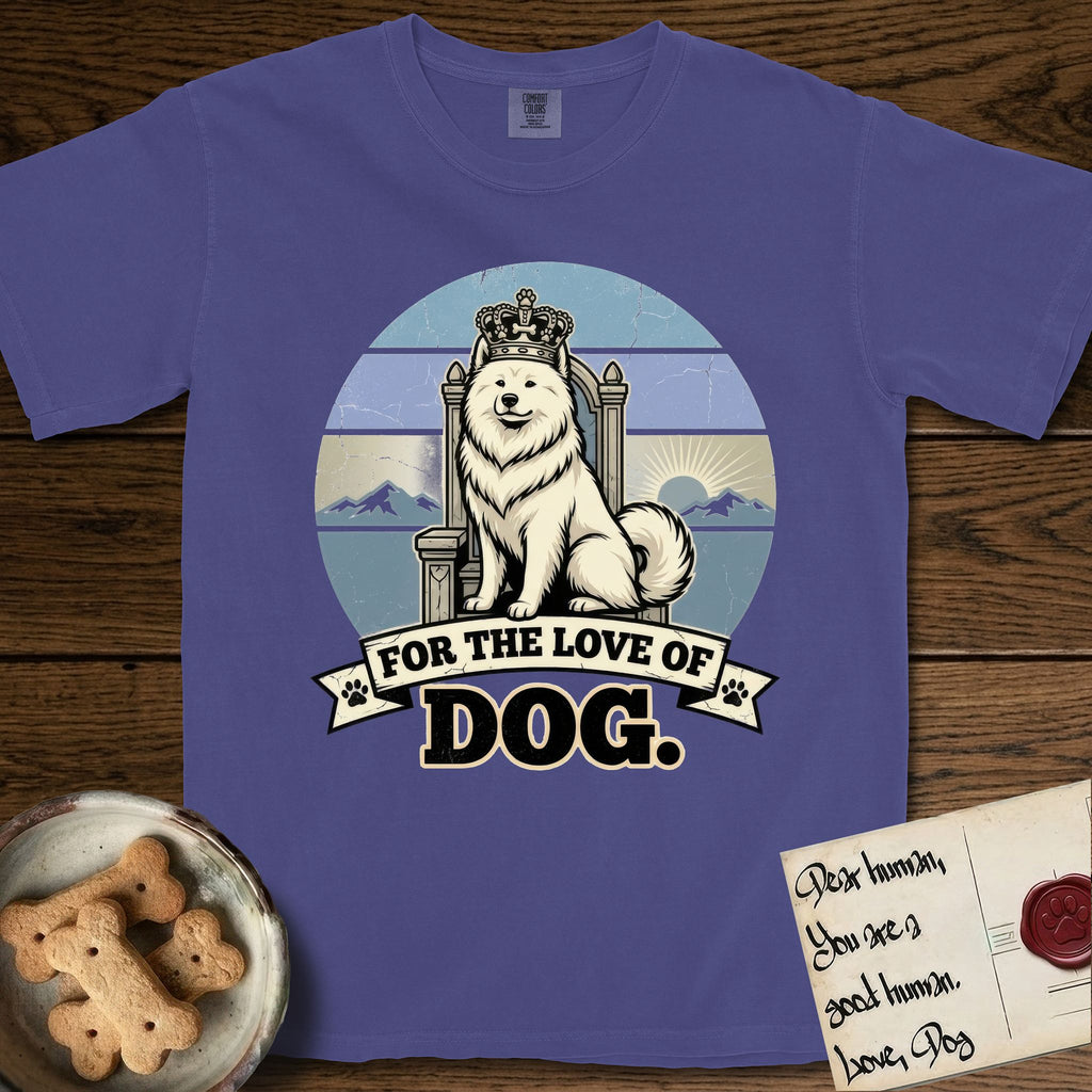 For the Love of Dog Samoyed T-Shirt flat lay in Grape, featuring a vintage badge of a crowned Samoyed seated on a throne.