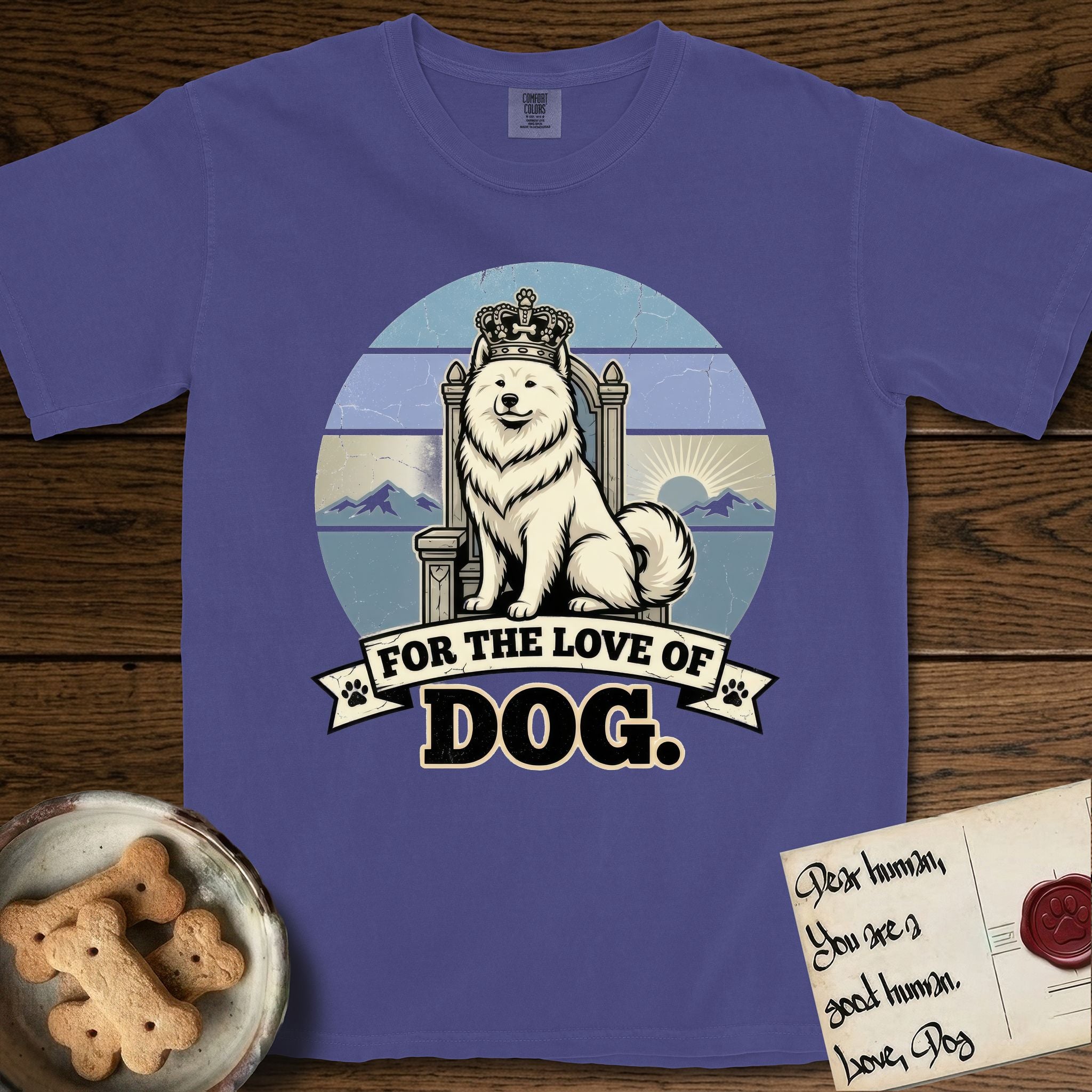 For the Love of Dog Samoyed T-Shirt flat lay in Grape, featuring a vintage badge of a crowned Samoyed seated on a throne.