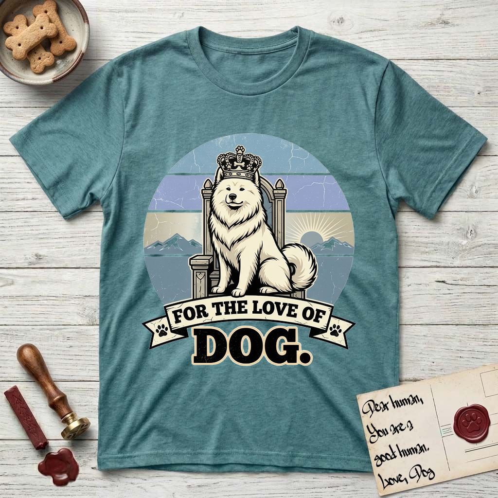 For the Love of Dog Samoyed T-Shirt flat lay in Heather Galapagos Blue, featuring a vintage badge of a crowned Samoyed seated on a throne.