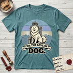 For the Love of Dog Samoyed T-Shirt flat lay in Heather Galapagos Blue, featuring a vintage badge of a crowned Samoyed seated on a throne.