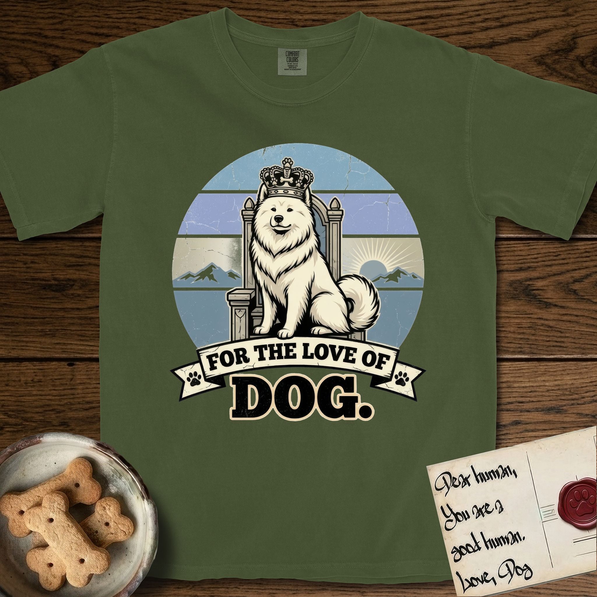 For the Love of Dog Samoyed T-Shirt flat lay in Hemp, featuring a vintage badge of a crowned Samoyed seated on a throne.