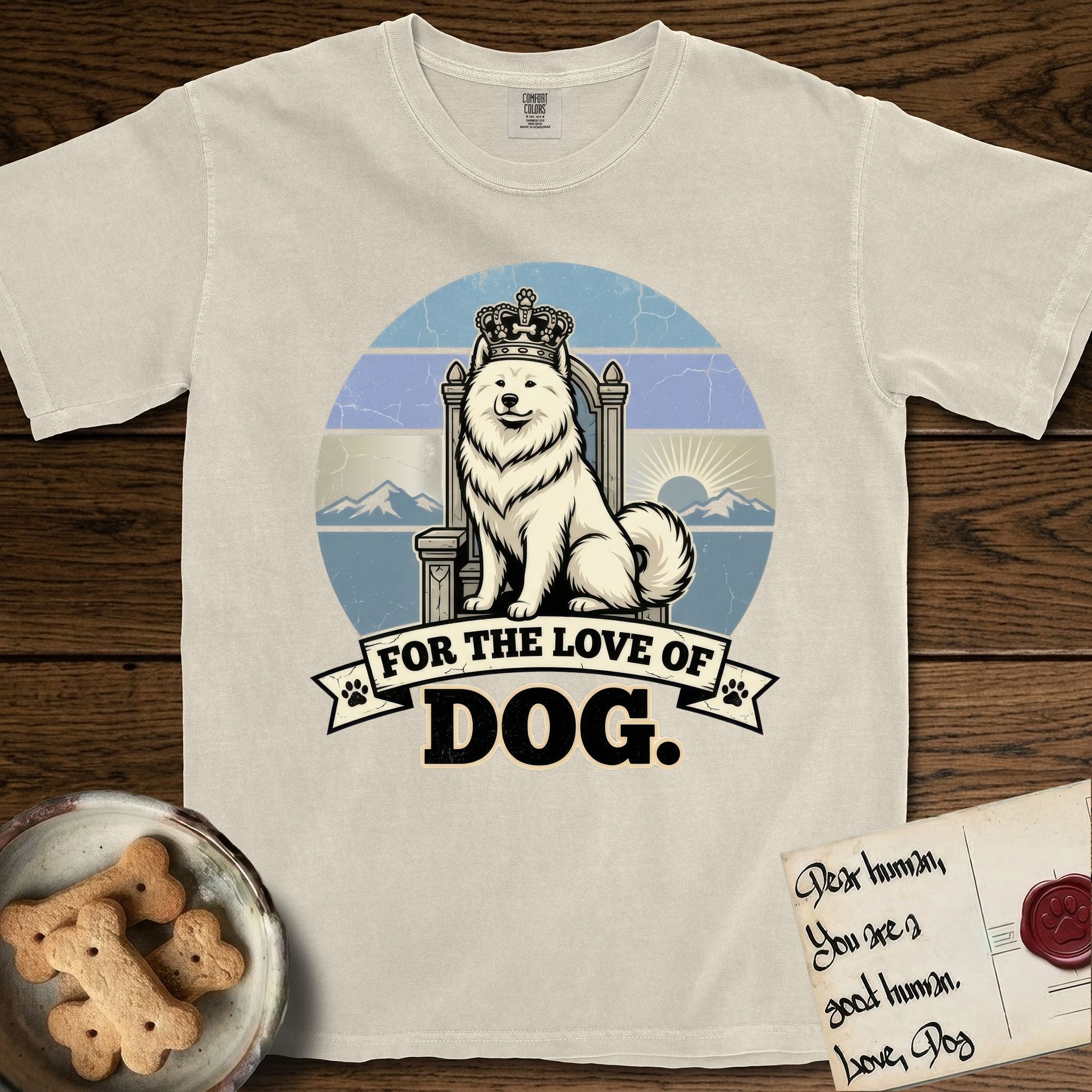 For the Love of Dog Samoyed T-Shirt flat lay in Ivory, featuring a vintage badge of a crowned Samoyed seated on a throne.
