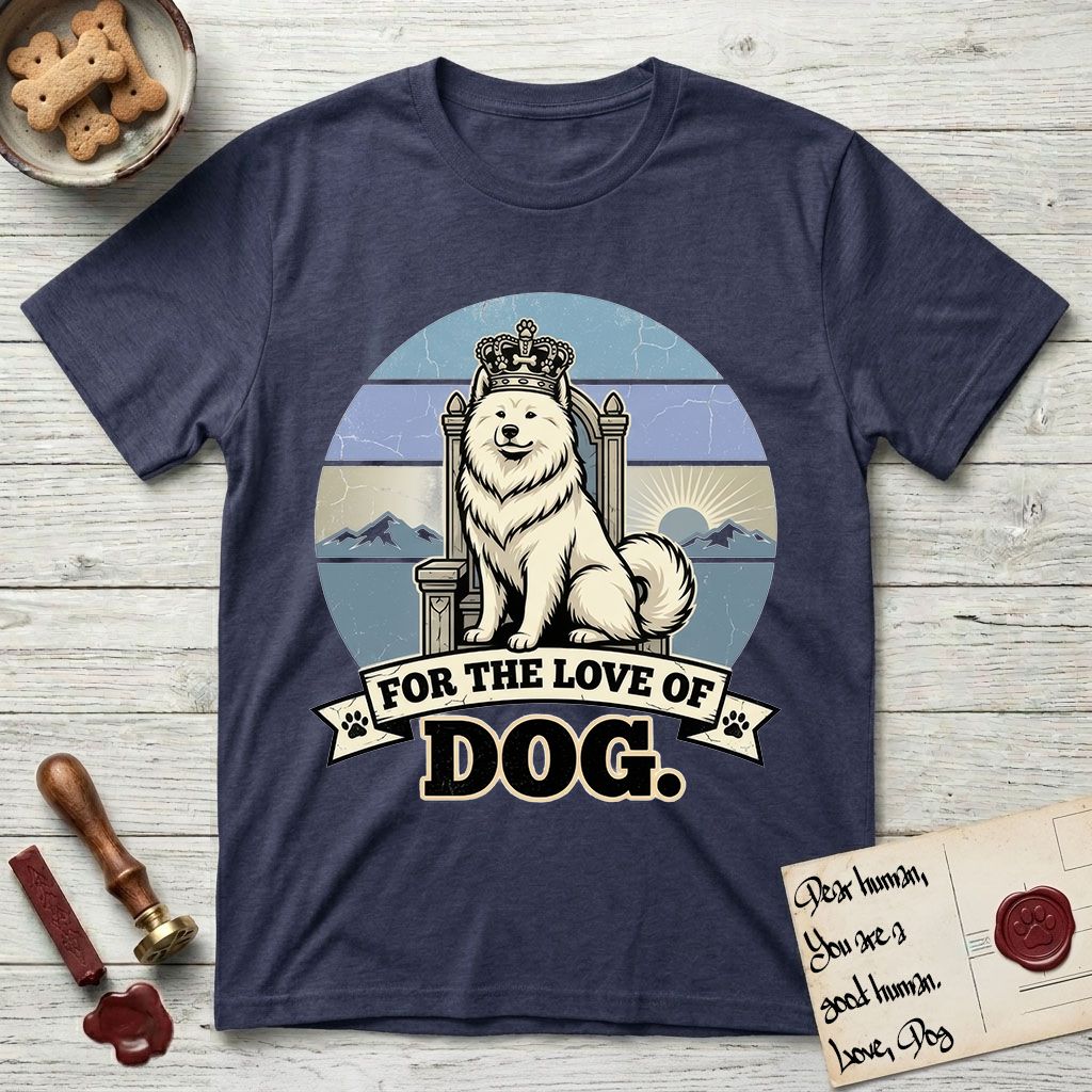 For the Love of Dog Samoyed T-Shirt flat lay in Navy, featuring a vintage badge of a crowned Samoyed seated on a throne.