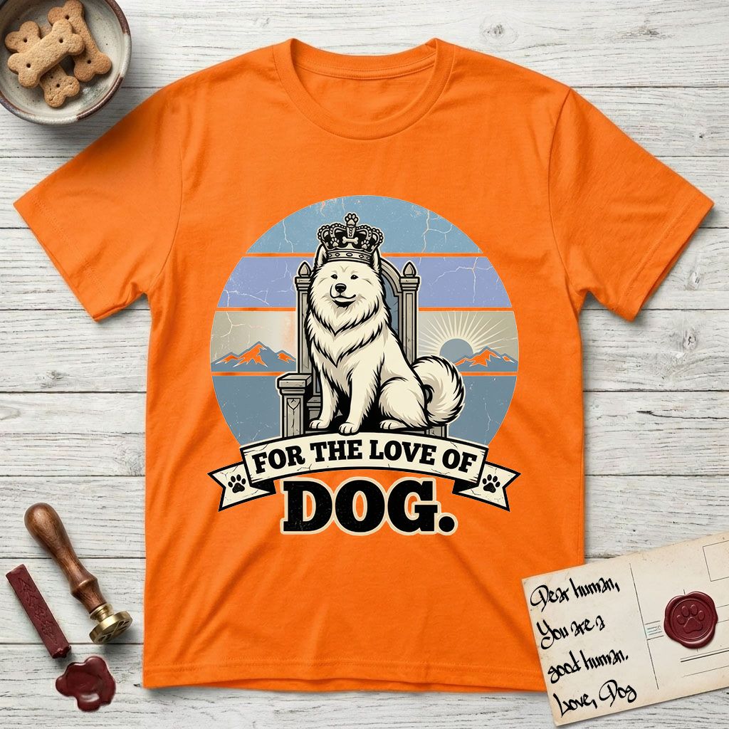 For the Love of Dog Samoyed T-Shirt flat lay in Orange, featuring a vintage badge of a crowned Samoyed seated on a throne.