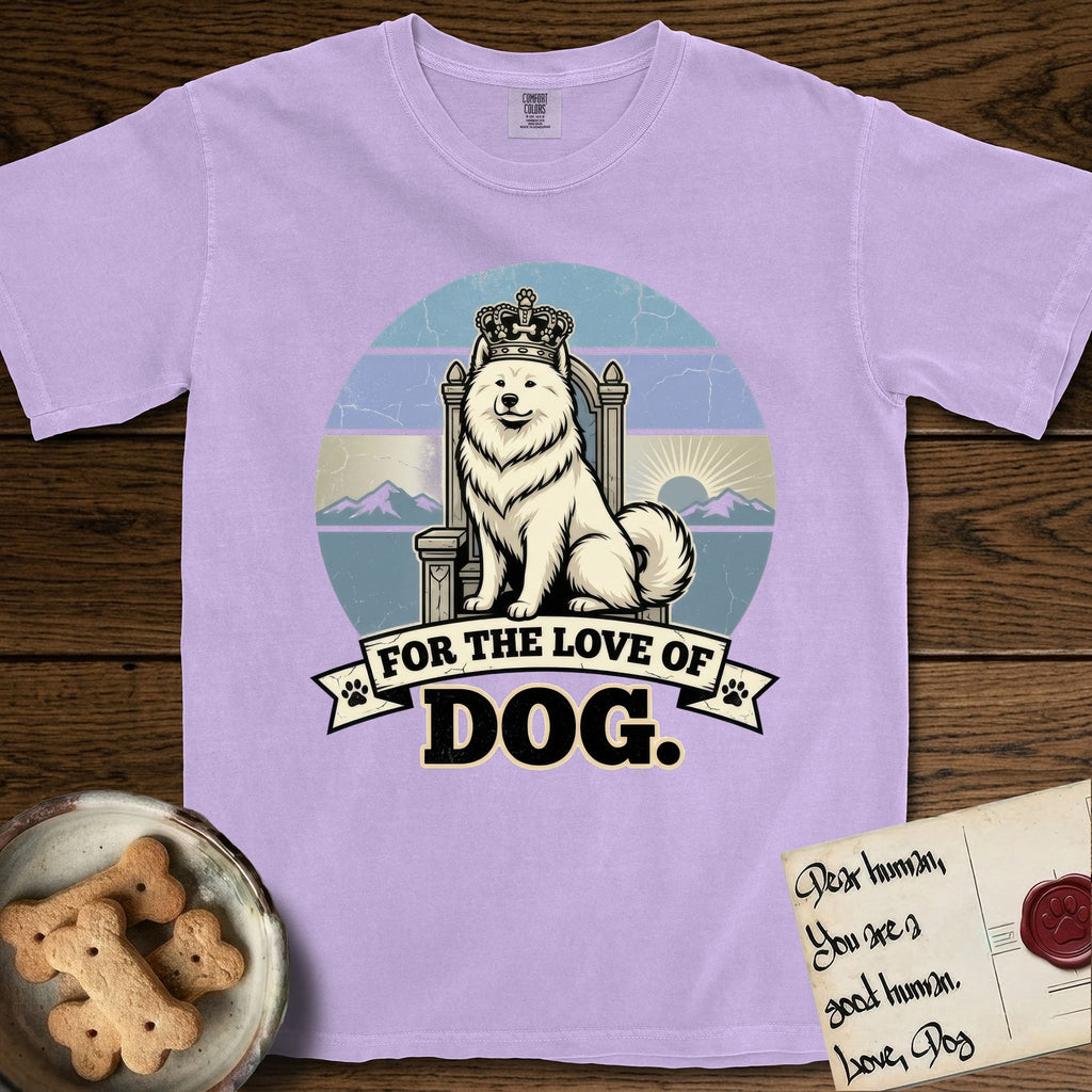 For the Love of Dog Samoyed T-Shirt flat lay in Orchid, featuring a vintage badge of a crowned Samoyed seated on a throne.