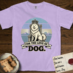 For the Love of Dog Samoyed T-Shirt flat lay in Orchid, featuring a vintage badge of a crowned Samoyed seated on a throne.