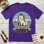 For the Love of Dog Samoyed T-Shirt flat lay in Purple, featuring a vintage badge of a crowned Samoyed seated on a throne.