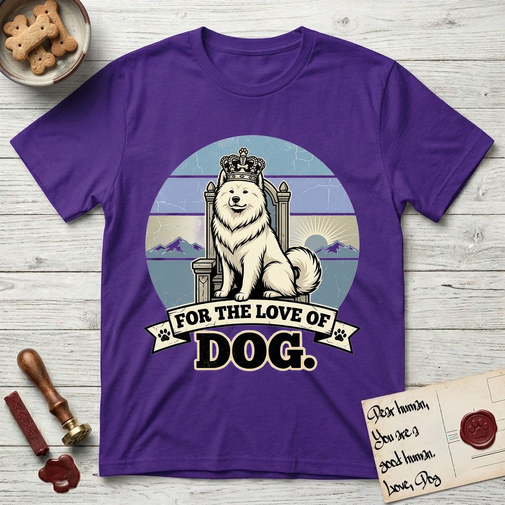 For the Love of Dog Samoyed T-Shirt flat lay in Purple, featuring a vintage badge of a crowned Samoyed seated on a throne.