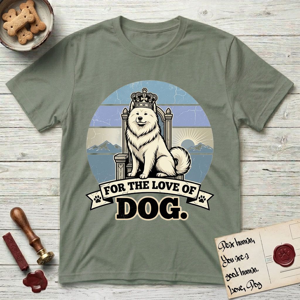 For the Love of Dog Samoyed T-Shirt flat lay in Sage, featuring a vintage badge of a crowned Samoyed seated on a throne.