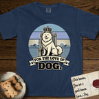 For the Love of Dog Samoyed T-Shirt flat lay in True Navy, featuring a vintage badge of a crowned Samoyed seated on a throne.