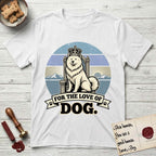 For the Love of Dog Samoyed T-Shirt flat lay in White, featuring a vintage badge of a crowned Samoyed seated on a throne.