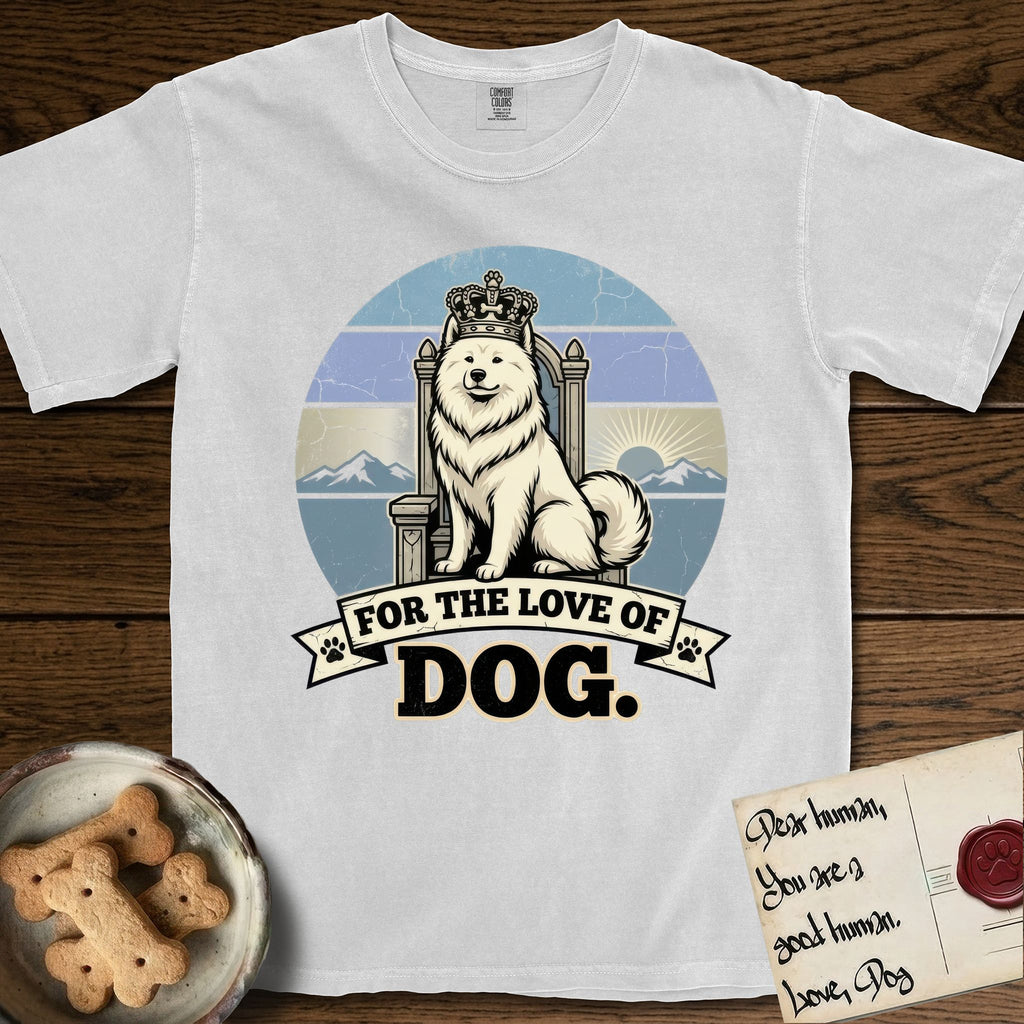 For the Love of Dog Samoyed T-Shirt flat lay in White, featuring a vintage badge of a crowned Samoyed seated on a throne.