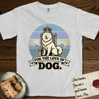 For the Love of Dog Samoyed T-Shirt flat lay in White, featuring a vintage badge of a crowned Samoyed seated on a throne.