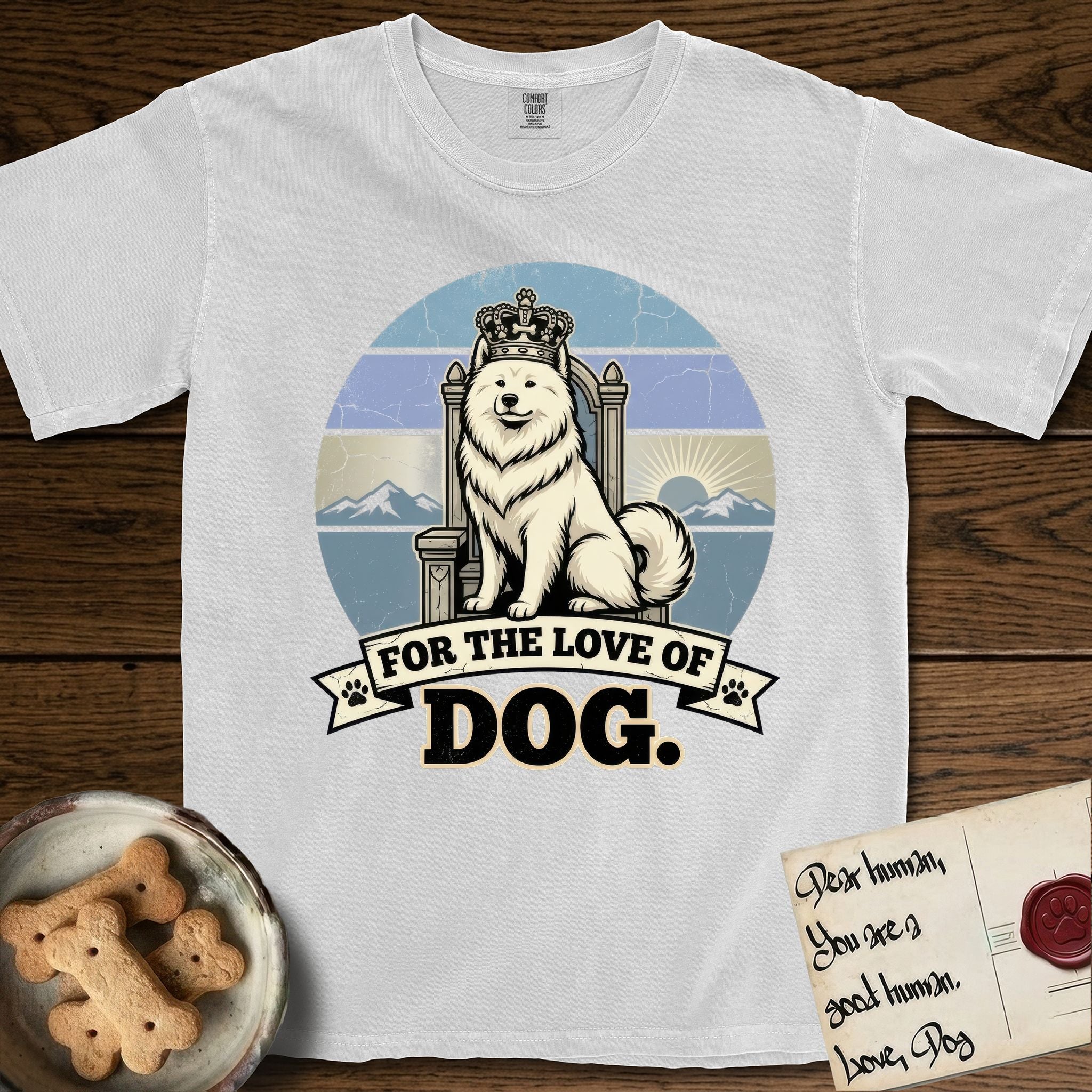 For the Love of Dog Samoyed T-Shirt flat lay in White, featuring a vintage badge of a crowned Samoyed seated on a throne.