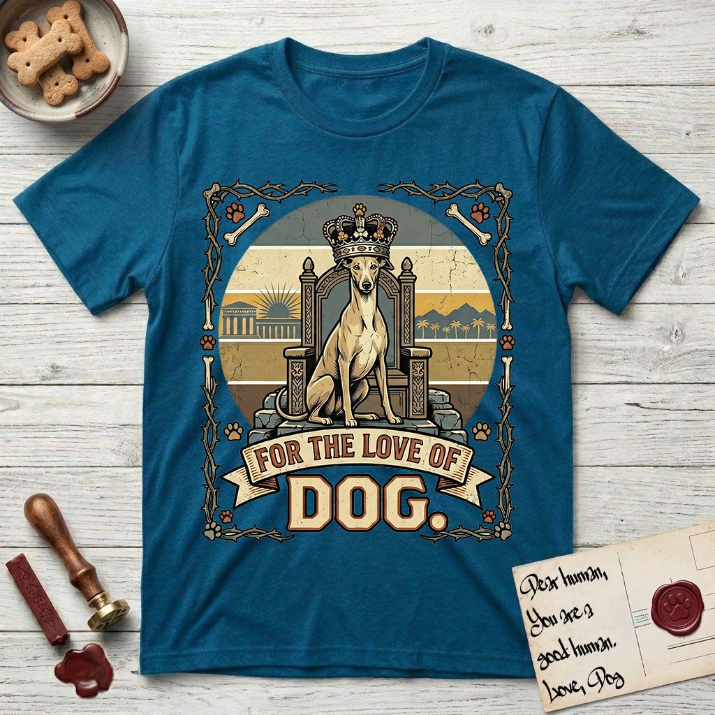 For the Love of Dog Whippet T-Shirt flat lay in Antique Sapphire, featuring a vintage badge of a crowned Whippet seated on a throne.