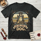 For the Love of Dog Whippet T-Shirt flat lay in Black, featuring a vintage badge of a crowned Whippet seated on a throne.