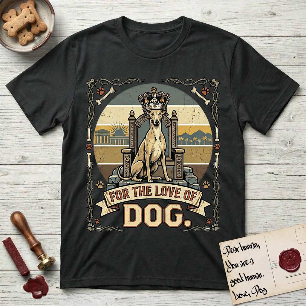 For the Love of Dog Whippet T-Shirt flat lay in Black, featuring a vintage badge of a crowned Whippet seated on a throne.