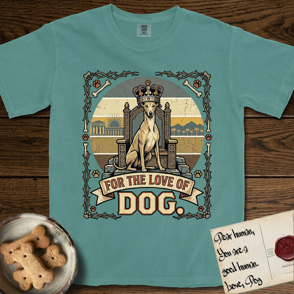 For the Love of Dog Whippet T-Shirt flat lay in Blue Spruce, featuring a vintage badge of a crowned Whippet seated on a throne.