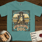 For the Love of Dog Whippet T-Shirt flat lay in Blue Spruce, featuring a vintage badge of a crowned Whippet seated on a throne.