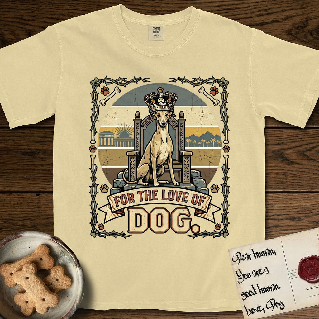 For the Love of Dog Whippet T-Shirt flat lay in Butter, featuring a vintage badge of a crowned Whippet seated on a throne.