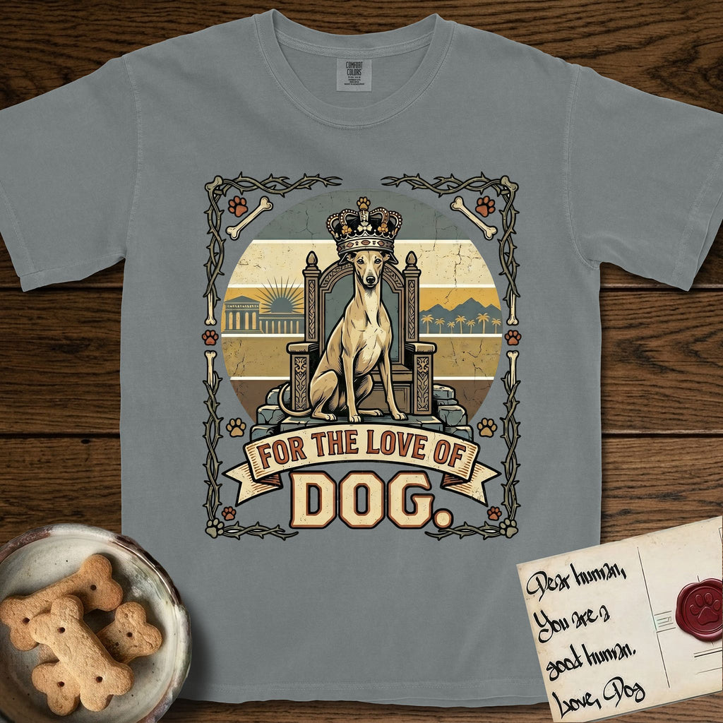 For the Love of Dog Whippet T-Shirt flat lay in Granite, featuring a vintage badge of a crowned Whippet seated on a throne.