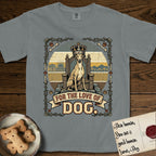 For the Love of Dog Whippet T-Shirt flat lay in Granite, featuring a vintage badge of a crowned Whippet seated on a throne.
