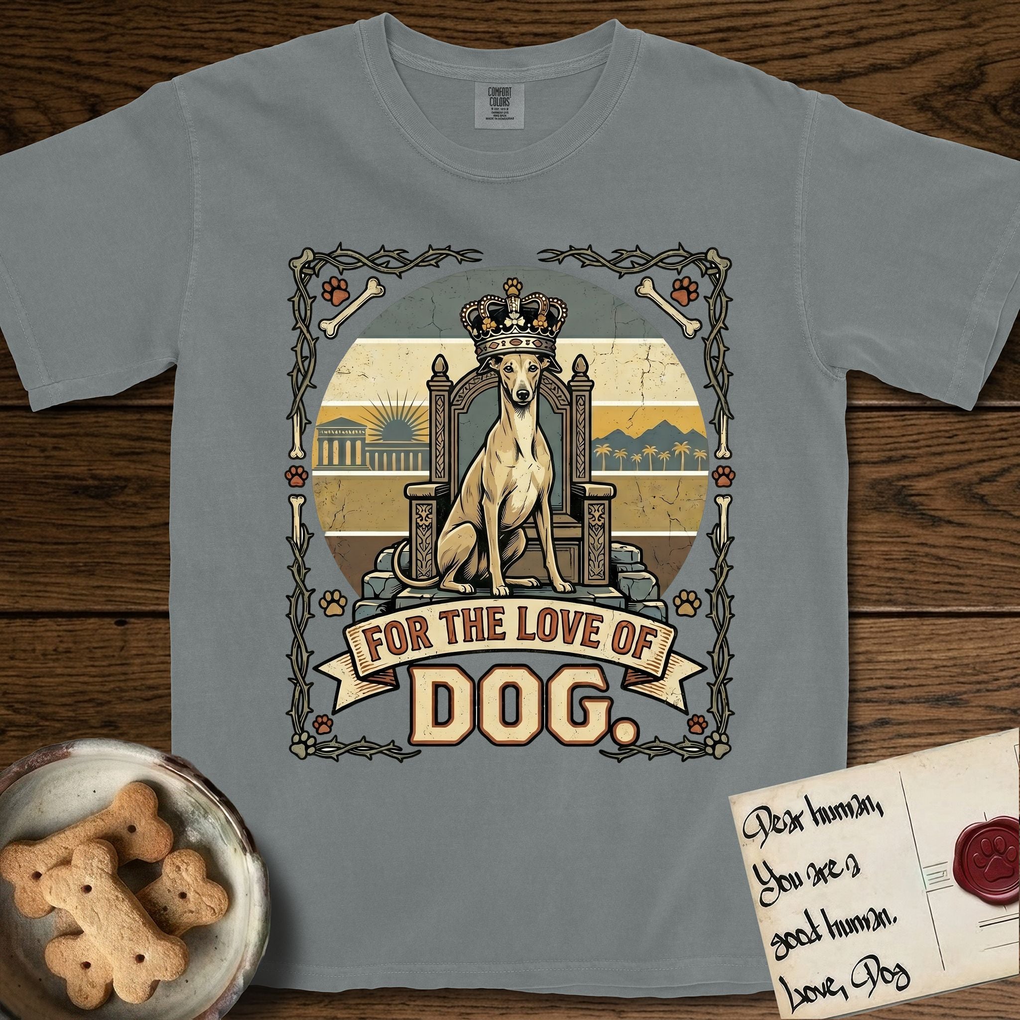 For the Love of Dog Whippet T-Shirt flat lay in Granite, featuring a vintage badge of a crowned Whippet seated on a throne.