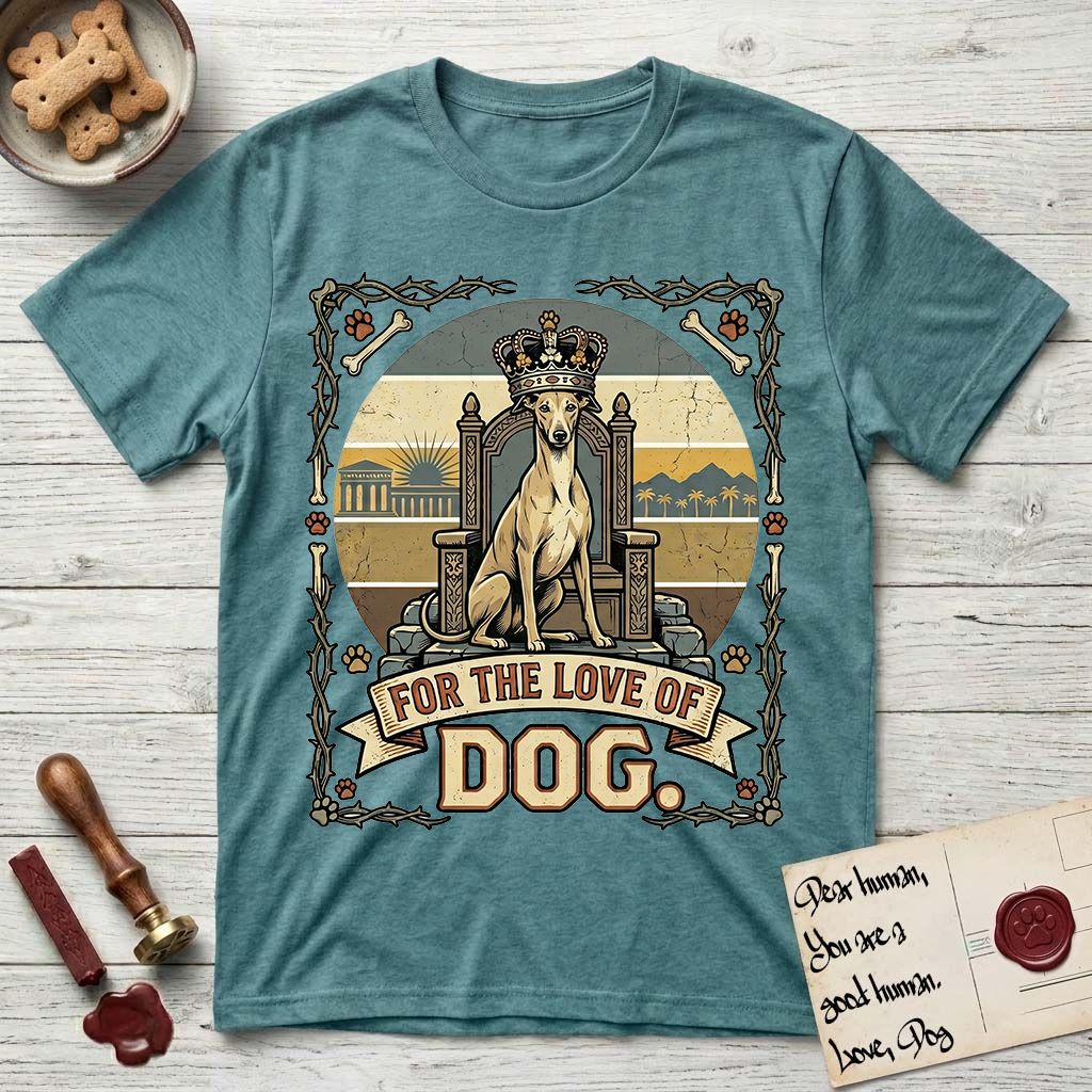 For the Love of Dog Whippet T-Shirt flat lay in Heather Galapagos Blue, featuring a vintage badge of a crowned Whippet seated on a throne.