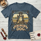 For the Love of Dog Whippet T-Shirt flat lay in Indigo Blue, featuring a vintage badge of a crowned Whippet seated on a throne.