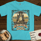 For the Love of Dog Whippet T-Shirt flat lay in Lagoon Blue, featuring a vintage badge of a crowned Whippet seated on a throne.