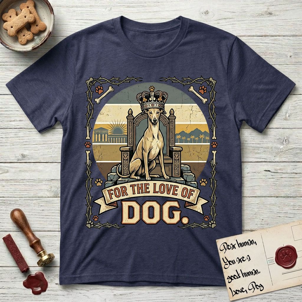 For the Love of Dog Whippet T-Shirt flat lay in Navy, featuring a vintage badge of a crowned Whippet seated on a throne.