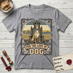 For the Love of Dog Whippet T-Shirt flat lay in Sport Grey, featuring a vintage badge of a crowned Whippet seated on a throne.