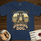For the Love of Dog Whippet T-Shirt flat lay in True Navy, featuring a vintage badge of a crowned Whippet seated on a throne.