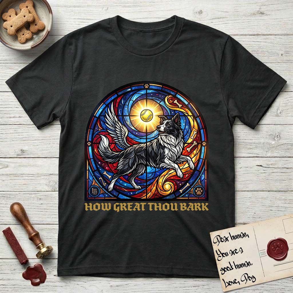 How Great Thou Bark Border Collie T-Shirt flat lay in Black, featuring a full-color stained-glass saint window of a winged Border Collie leaping after a glowing tennis ball, with a halo.