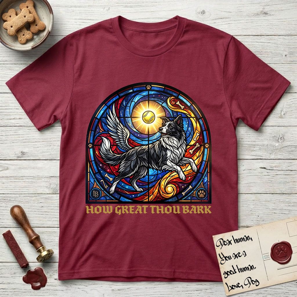 How Great Thou Bark Border Collie T-Shirt flat lay in Cardinal Red, featuring a full-color stained-glass saint window of a winged Border Collie leaping after a glowing tennis ball, with a halo.