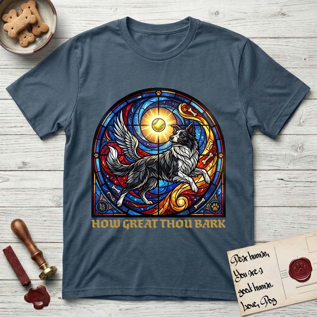 How Great Thou Bark Border Collie T-Shirt flat lay in Indigo Blue, featuring a full-color stained-glass saint window of a winged Border Collie leaping after a glowing tennis ball, with a halo.