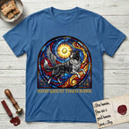 How Great Thou Bark Border Collie T-Shirt flat lay in Iris, featuring a full-color stained-glass saint window of a winged Border Collie leaping after a glowing tennis ball, with a halo.