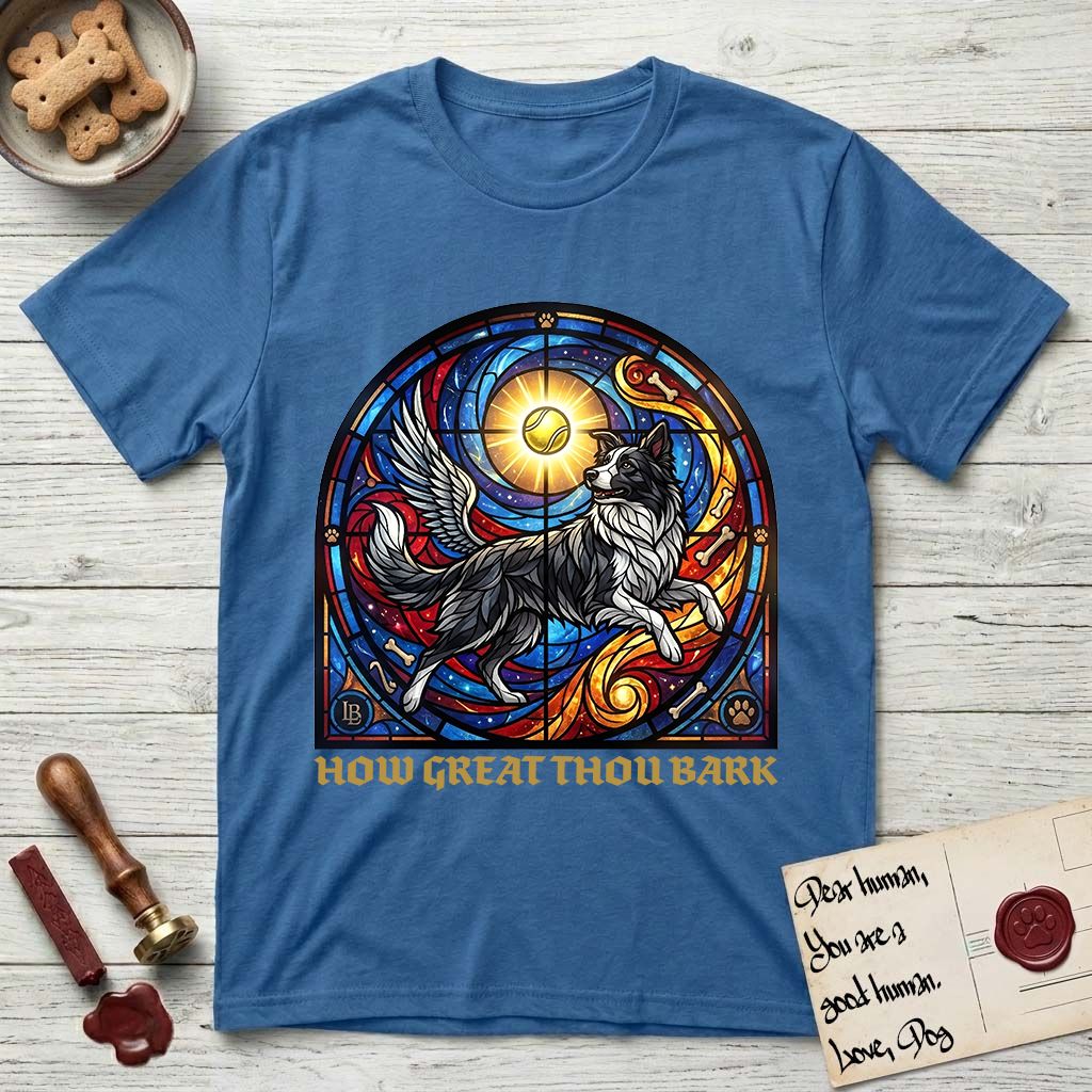How Great Thou Bark Border Collie T-Shirt flat lay in Iris, featuring a full-color stained-glass saint window of a winged Border Collie leaping after a glowing tennis ball, with a halo.