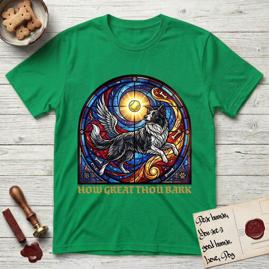 How Great Thou Bark Border Collie T-Shirt flat lay in Irish Green, featuring a full-color stained-glass saint window of a winged Border Collie leaping after a glowing tennis ball, with a halo.