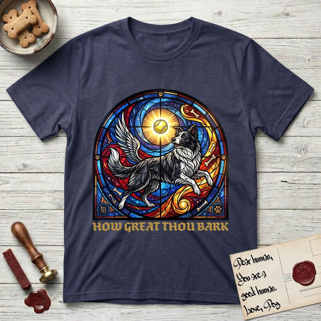 How Great Thou Bark Border Collie T-Shirt flat lay in Navy, featuring a full-color stained-glass saint window of a winged Border Collie leaping after a glowing tennis ball, with a halo.