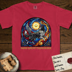 How Great Thou Bark Border Collie T-Shirt flat lay in Red, featuring a full-color stained-glass saint window of a winged Border Collie leaping after a glowing tennis ball, with a halo.