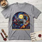 How Great Thou Bark Border Collie T-Shirt flat lay in Sport Grey, featuring a full-color stained-glass saint window of a winged Border Collie leaping after a glowing tennis ball, with a halo.